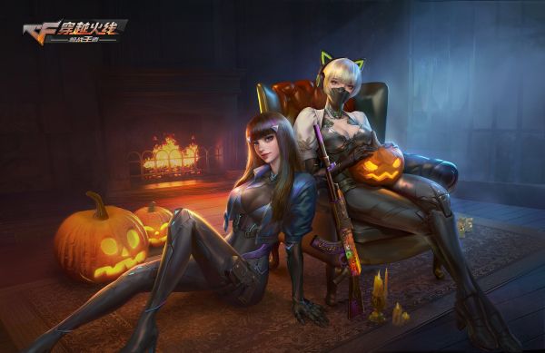 women,CrossFire,pumpkin,weapon,earphones,fire