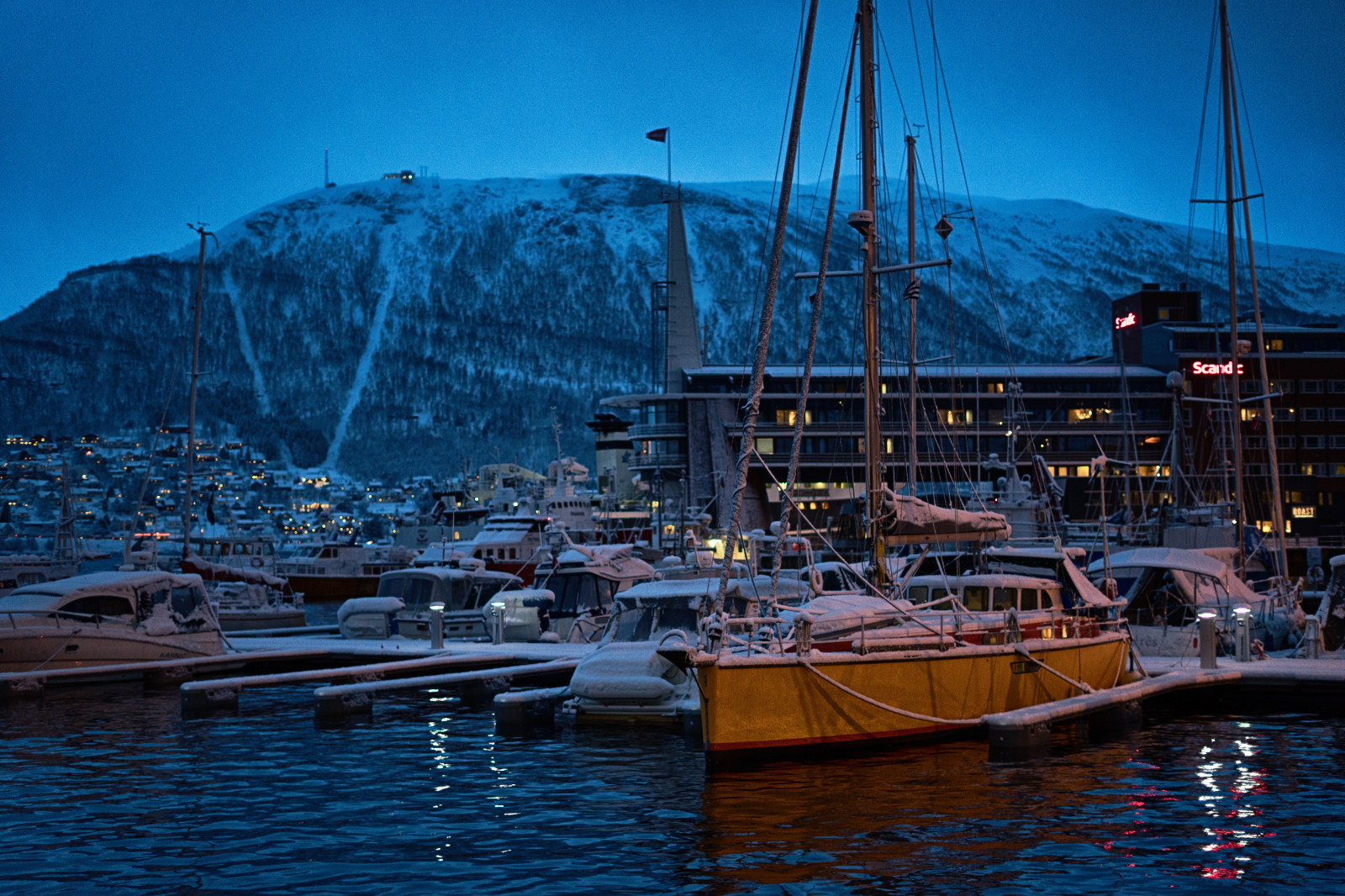 Wallpaper mountains, boat, sailing ship, sea, cityscape, bay, night, water, reflection, snow