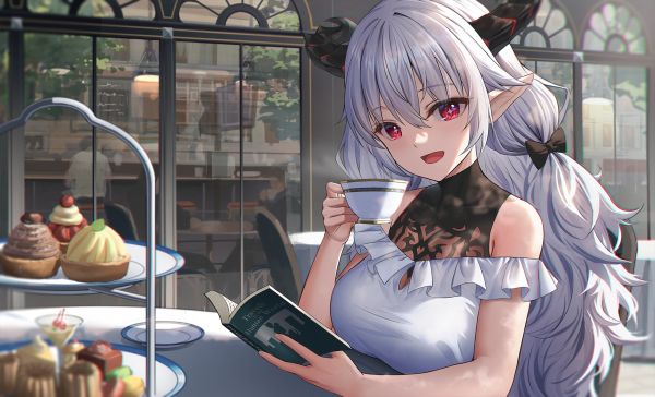 long hair,anime,anime girls,red eyes,horns,teapot