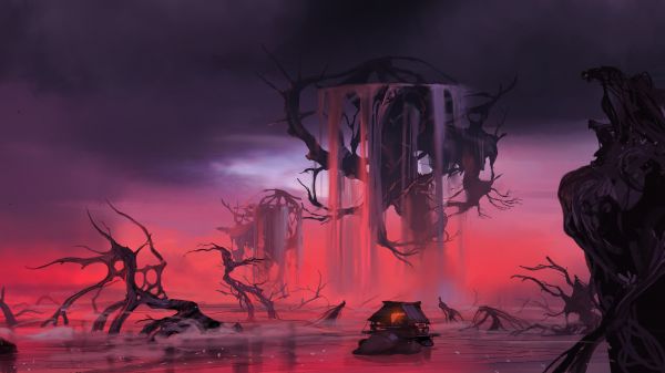 digital art,dead trees,artwork,fantasy art,waterfall,water
