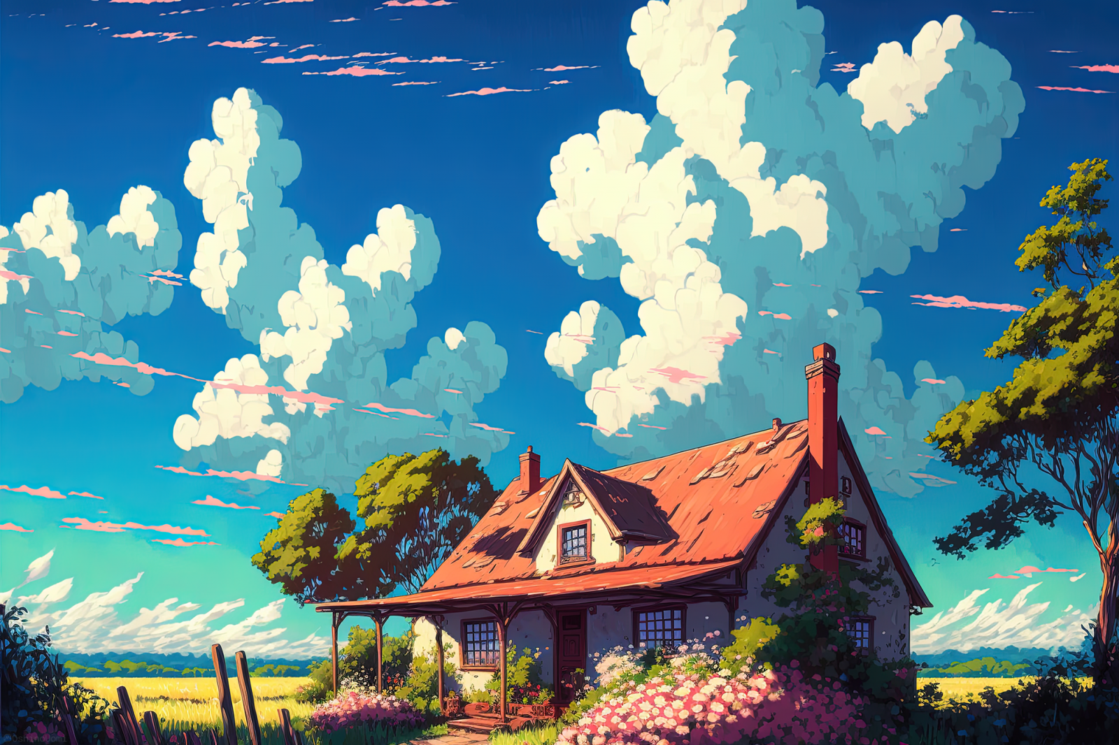 Uomi, ai art, ilustração, panorama, casa, nuvens, céu, Flores, Árvores