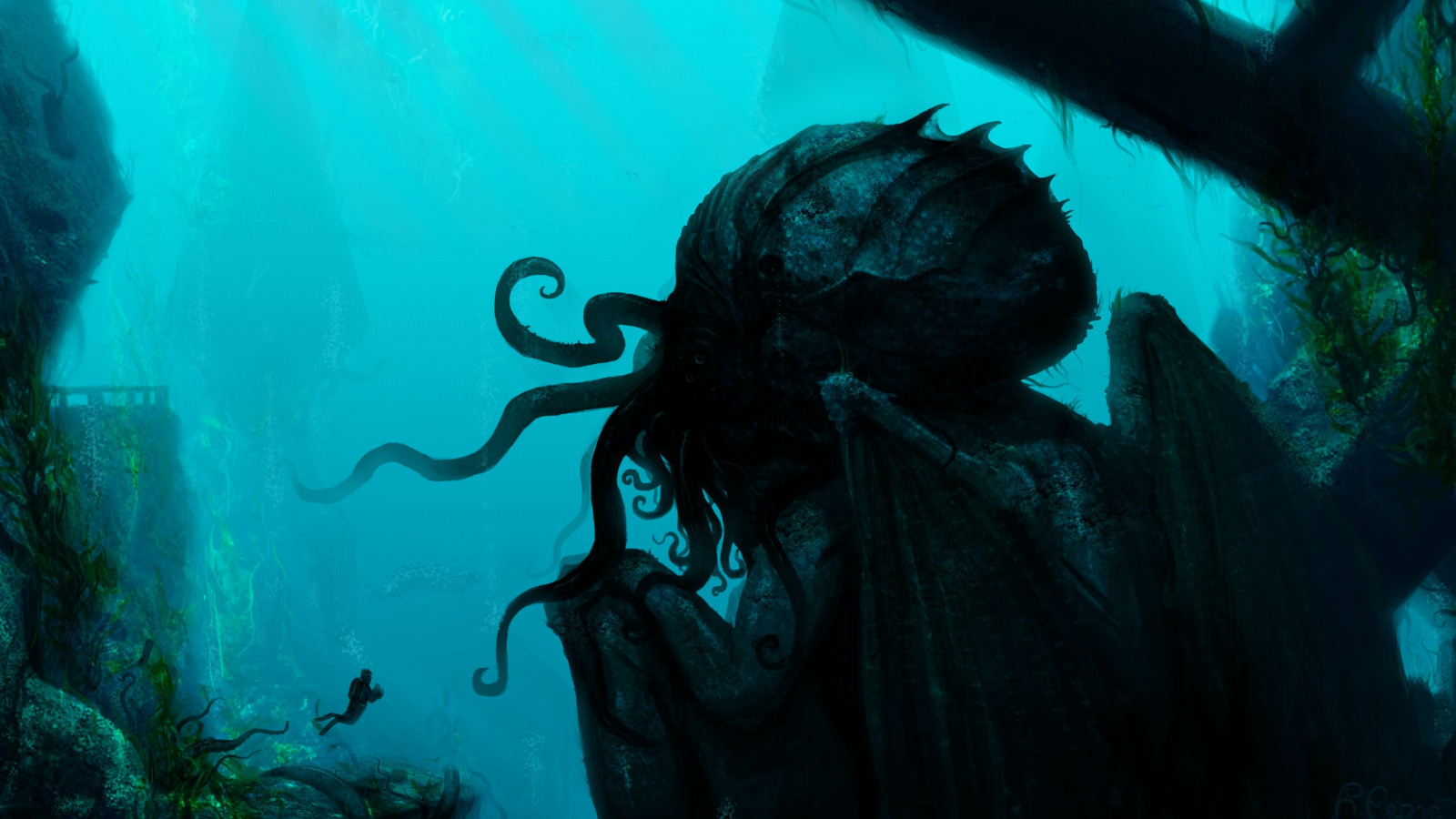 skapning, skrekk, kunstverk, under vann, dykkere, H P Lovecraft, Cthulhu, biologi, mørke, skjermbilde, marinbiologi, dykkere