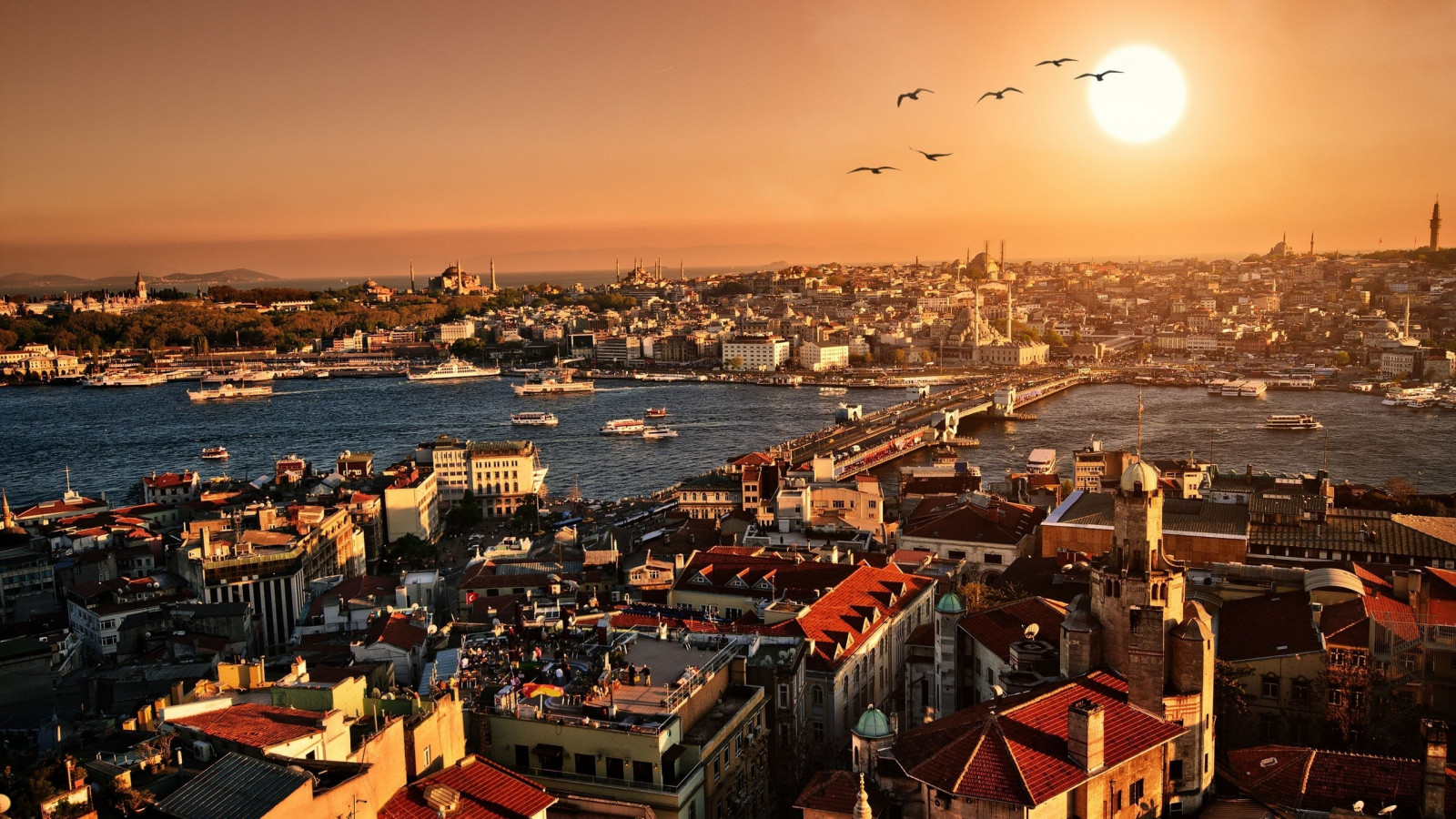 západ slunce, moře, město, panoráma města, noc, panoráma, večer, pobřeží, Istanbul, krocan, Galata most, horizont, panoráma, soumrak, Galata, přístav, 2560x1440 px, lidské osídlení