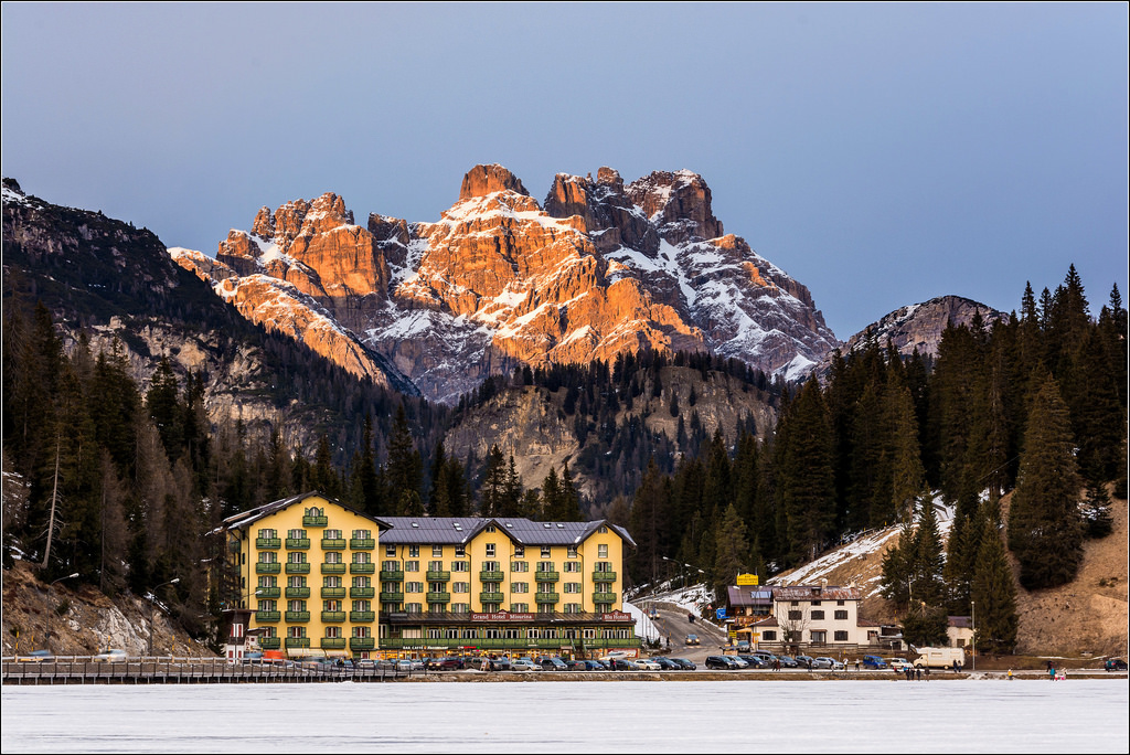 zima, západ slunce, Itálie, krajina, lago, Nikon, scenérie, Italia, Drsný, Tramonto, monte, inverno, paesaggio, Belluno, dolomiti, Rudo, veneto, Misurina, Bellunesi, D7100