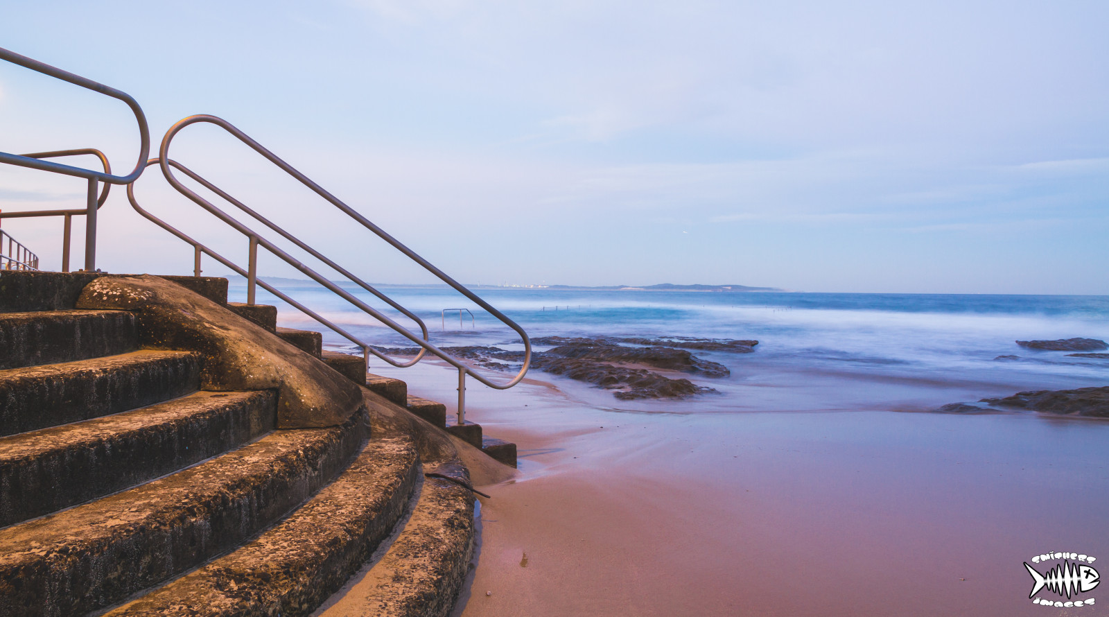 západ slunce, moře, voda, pobřeží, písek, nebe, pláž, pobřeží, Kánon, horizont, skály, schody, odpoledne, stativ, dlouho, expozice, mrak, Nový, oceán, vlna, 7d, kolejnice, manfrotto, prima, tělo z vody, Cronulla, 1585mm, coastal and oceanic landforms