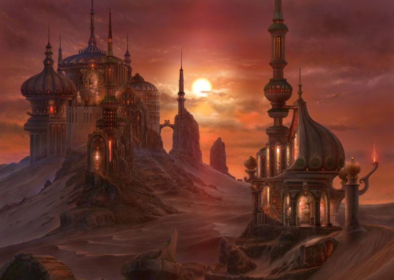 Fantasy art, sabbia, opera d'arte, deserto, sera, arancia