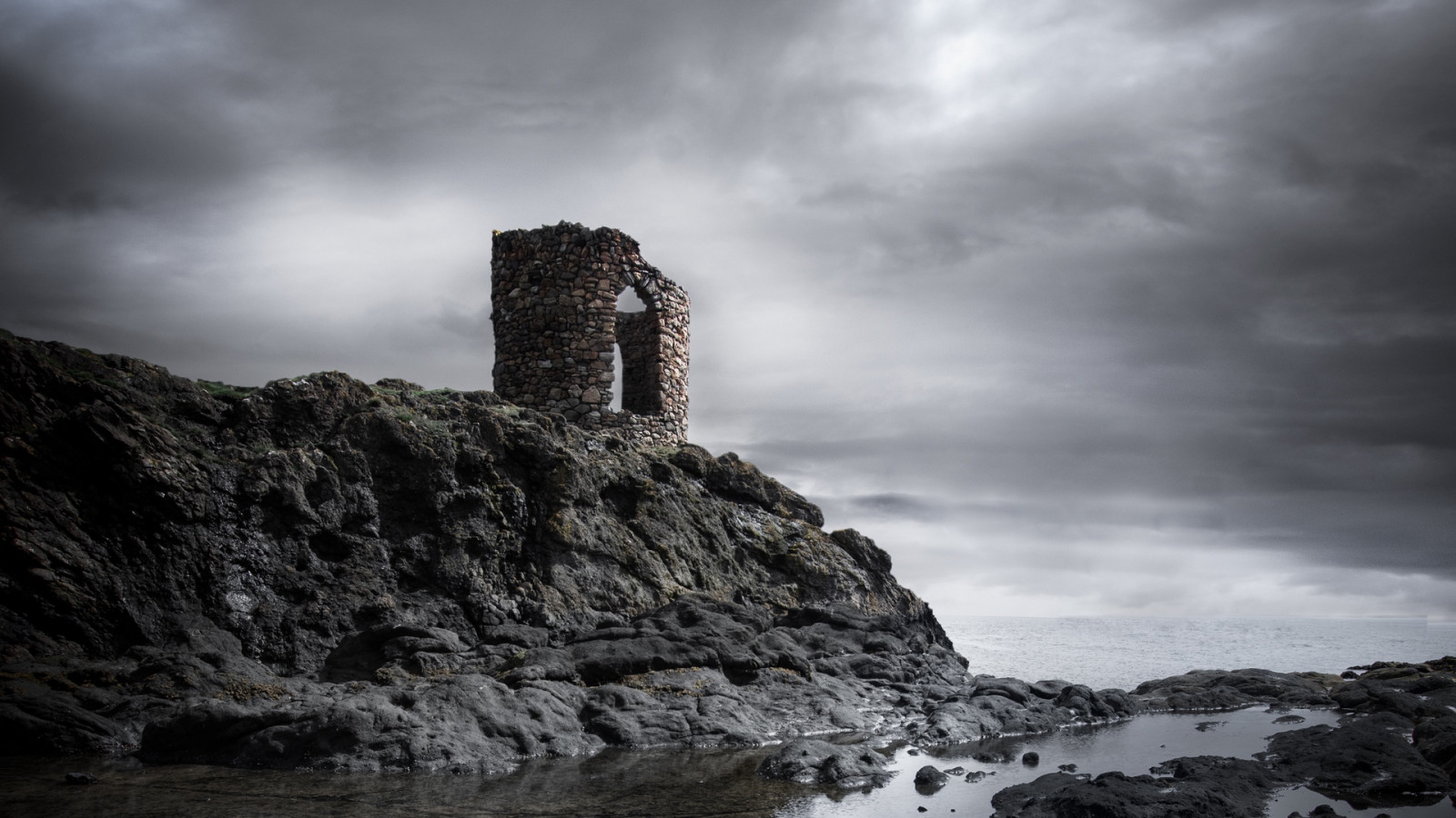 skály, Šedá, Skotsko, pláž, nebe, věž