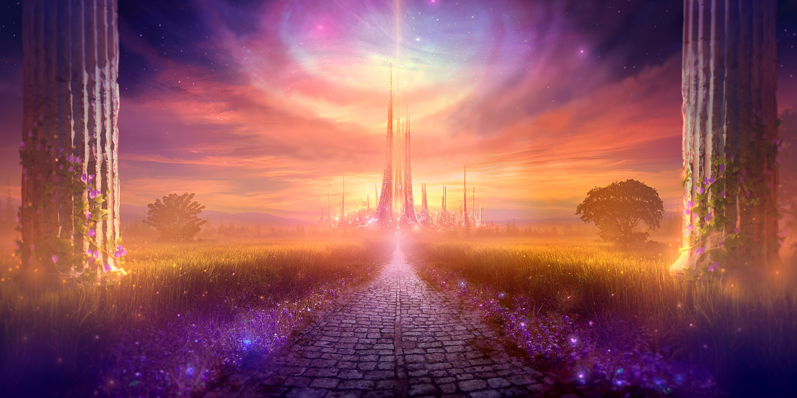 slot, gyde, sti, sten, græs, science fiction, Mark, stjerner, glødende, træer, mos, søjle