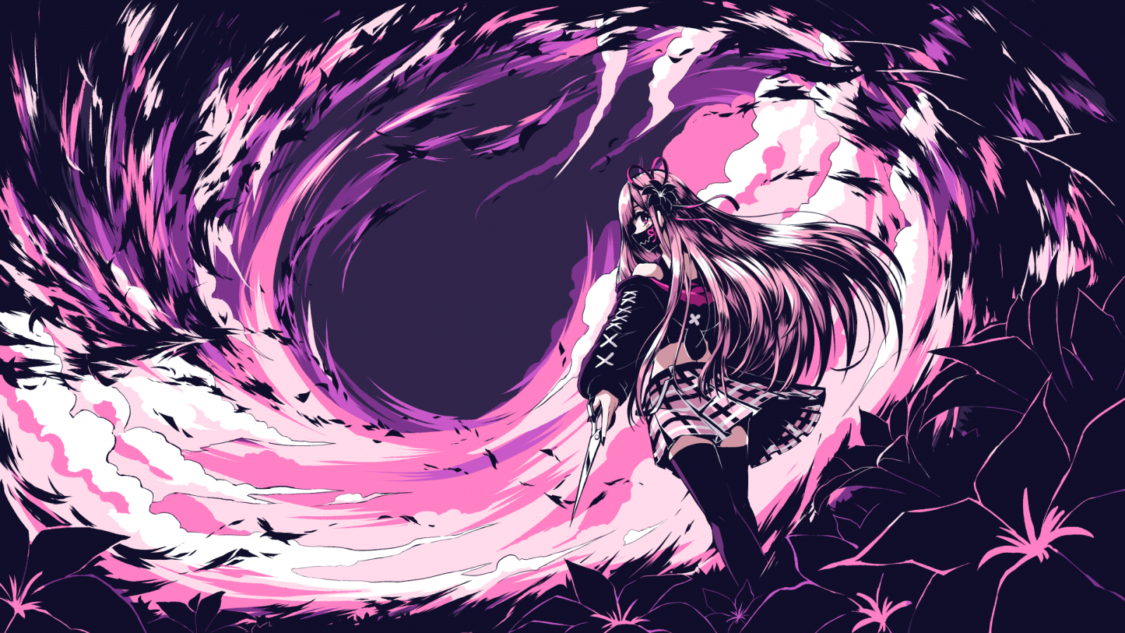 opera d'arte, anime girls, viola, gonna, fiori