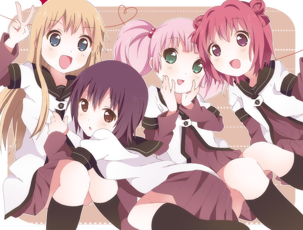 ilustrace, anime, kreslená pohádka, pusa, Yuru Yuri, Akaza Akari, Kyoko Toshino, Yoshikawa Chinatsu, Funami Yui, mangaka