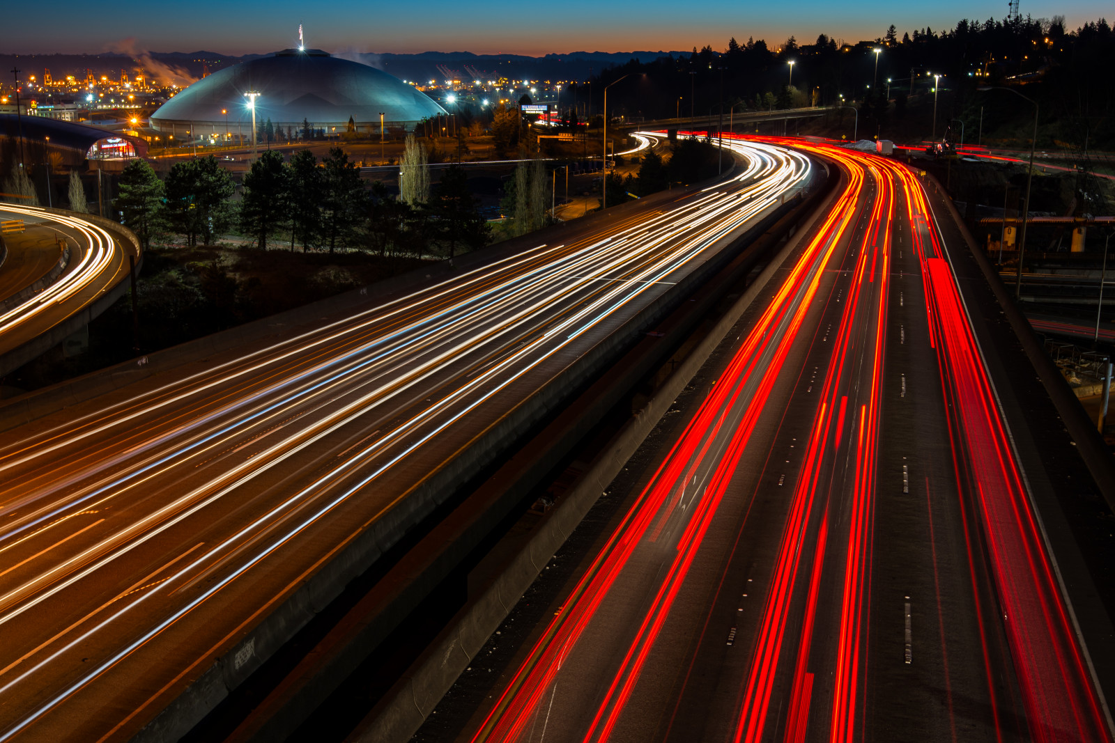 Langzeitbelichtung, Dämmerung, Washington, Nikon, der Verkehr, I5, Autobahn, Tacoma, Scheinwerfer, Tacomadome, Interstate5, D610