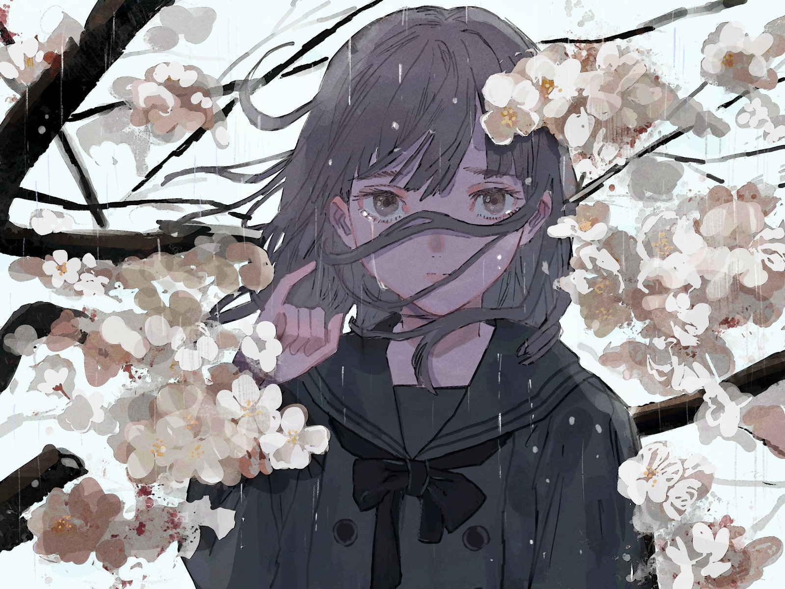 outerwear, plant, branch, sleeve, textile, dress, cartoon, style, ART, flower, line, twig, petal, painting, beauty, illustration, pattern, blossom, cg artwork, monochrome, fictional character, tree, flowering plant, graphics, anime, hime cut, drawing, fashion illustration, visual arts, graphic design, cherry blossom, sketch, fiction, fur