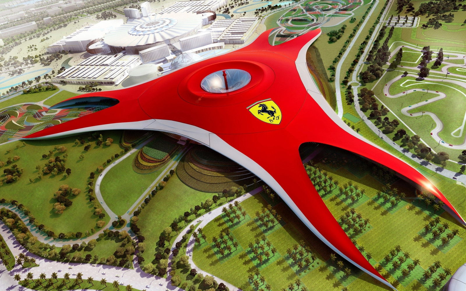 cidade, Paisagem urbana, construção, verde, Brinquedo, Ferrari, estádio, Abu Dhabi, estrutura, Mundo Ferrari, Local de esporte, Pista de corrida, clube de Golf