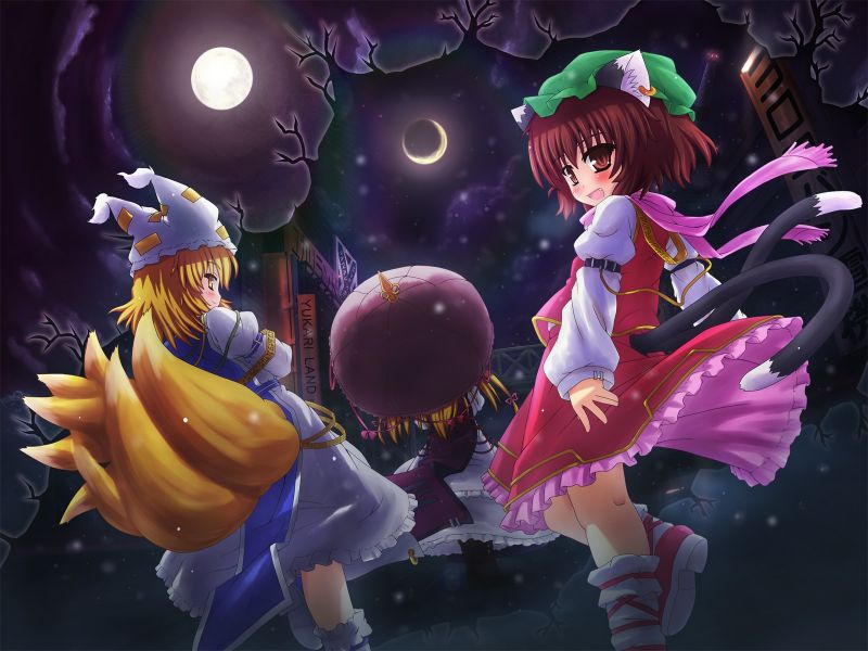 nacht, anime, Maan, meisjes, staart, glimlach nacht, anime, Maan, meisjes, staart, glimlach