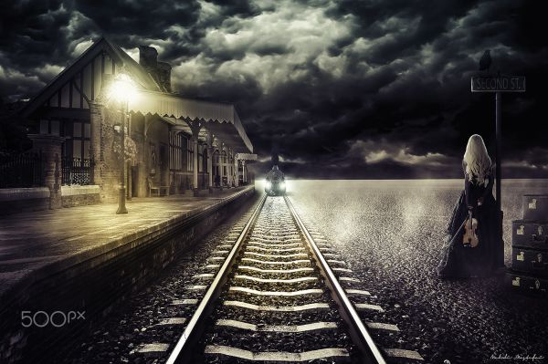Mehdi Mostefa,night,women,railway,train,digital art