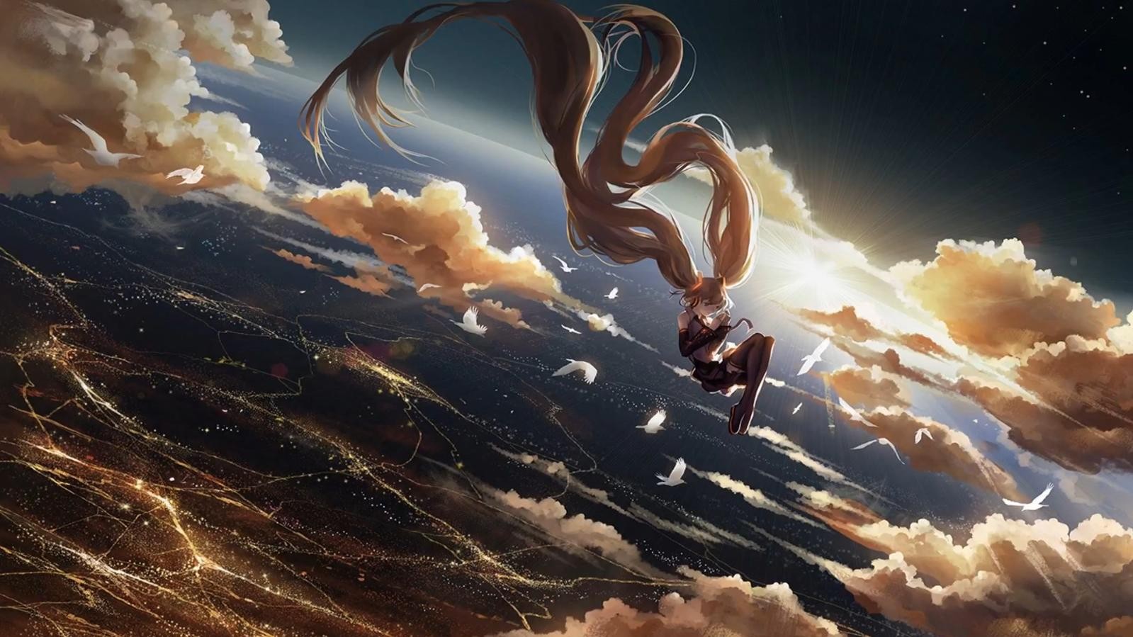 ηλιακό φως, κορίτσια anime, αντανάκλαση, ουρανός, Γη, Vocaloid, Hatsune Miku, μυθολογία, σύννεφο, screenshot, ταπετσαρία υπολογιστών, ατμόσφαιρα της γης, απώτερο διάστημα
