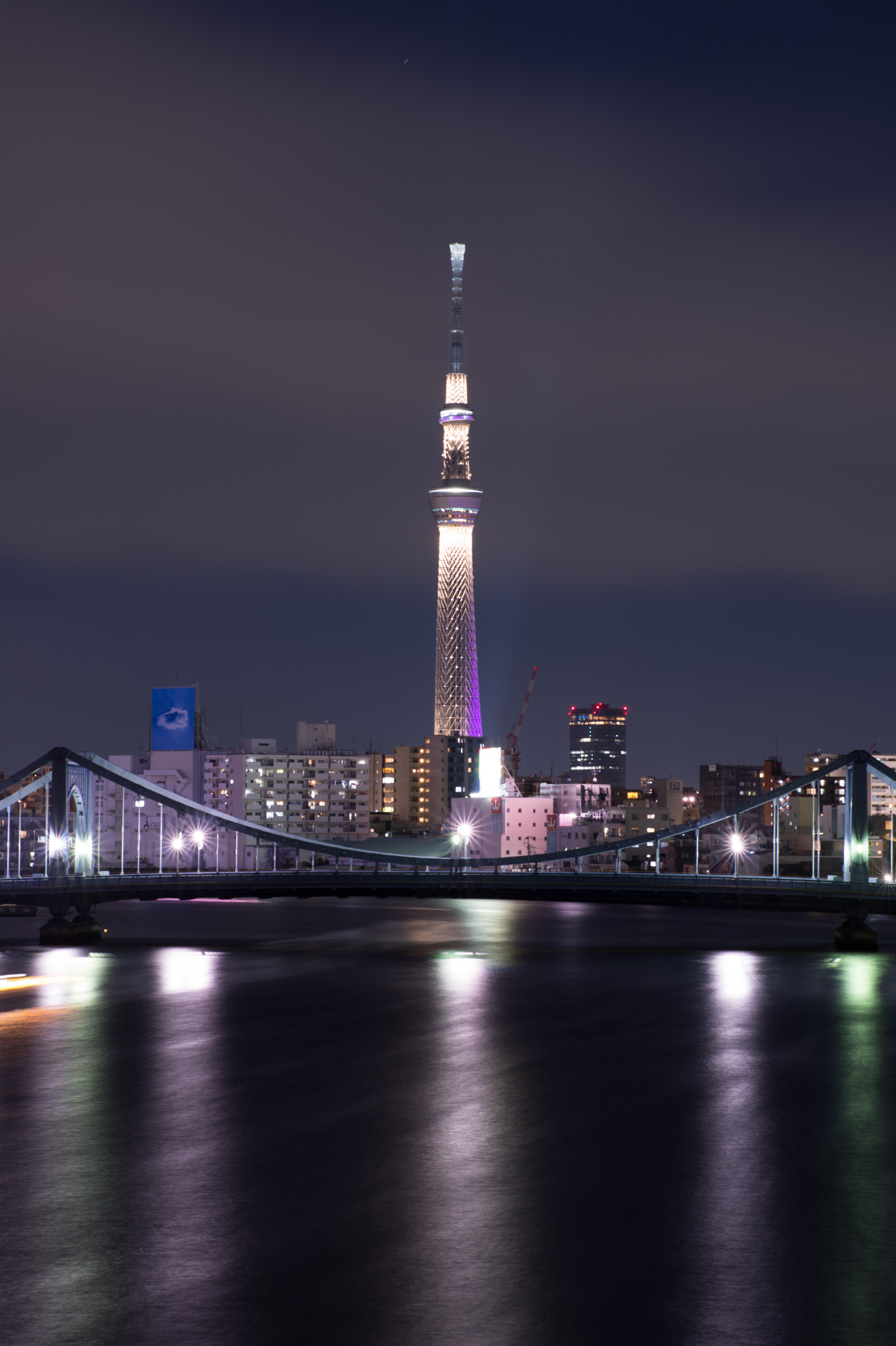 Japonsko, město, panoráma města, noc, architektura, odraz, panoráma, mrakodrap, večer, věž, most, horizont, Nikon, soumrak, metropole, Tokio, jp, Skytree, NIKKOR, osvětlené, osvětlení, mezník, Tokyo Sky Tree, afs105mmf14eed, afsnikkor105mmf14eed, df, Miyabi, Hakozaki, lidské osídlení