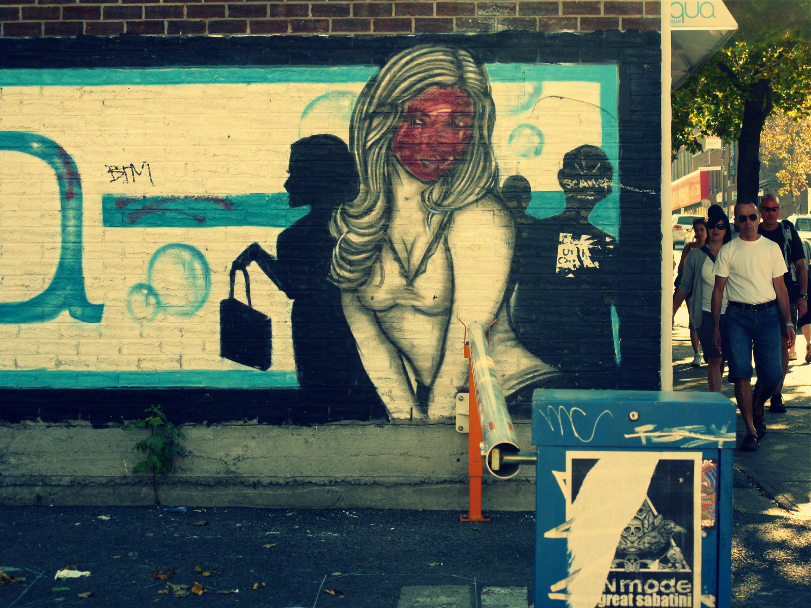 Wallpaper painting, people, women, city, street, urban, wall, bricks