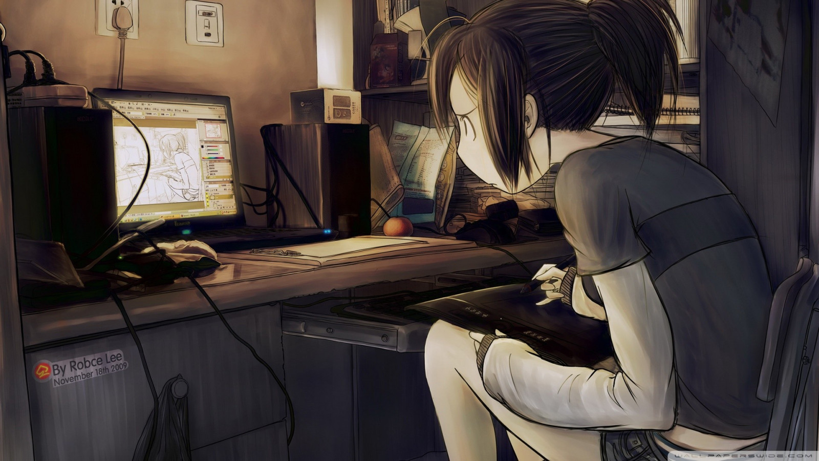 Anime Computer Using Wallpaper Wallpaper : anime girls, artwork, computer, screenshot 1920x1080 ...