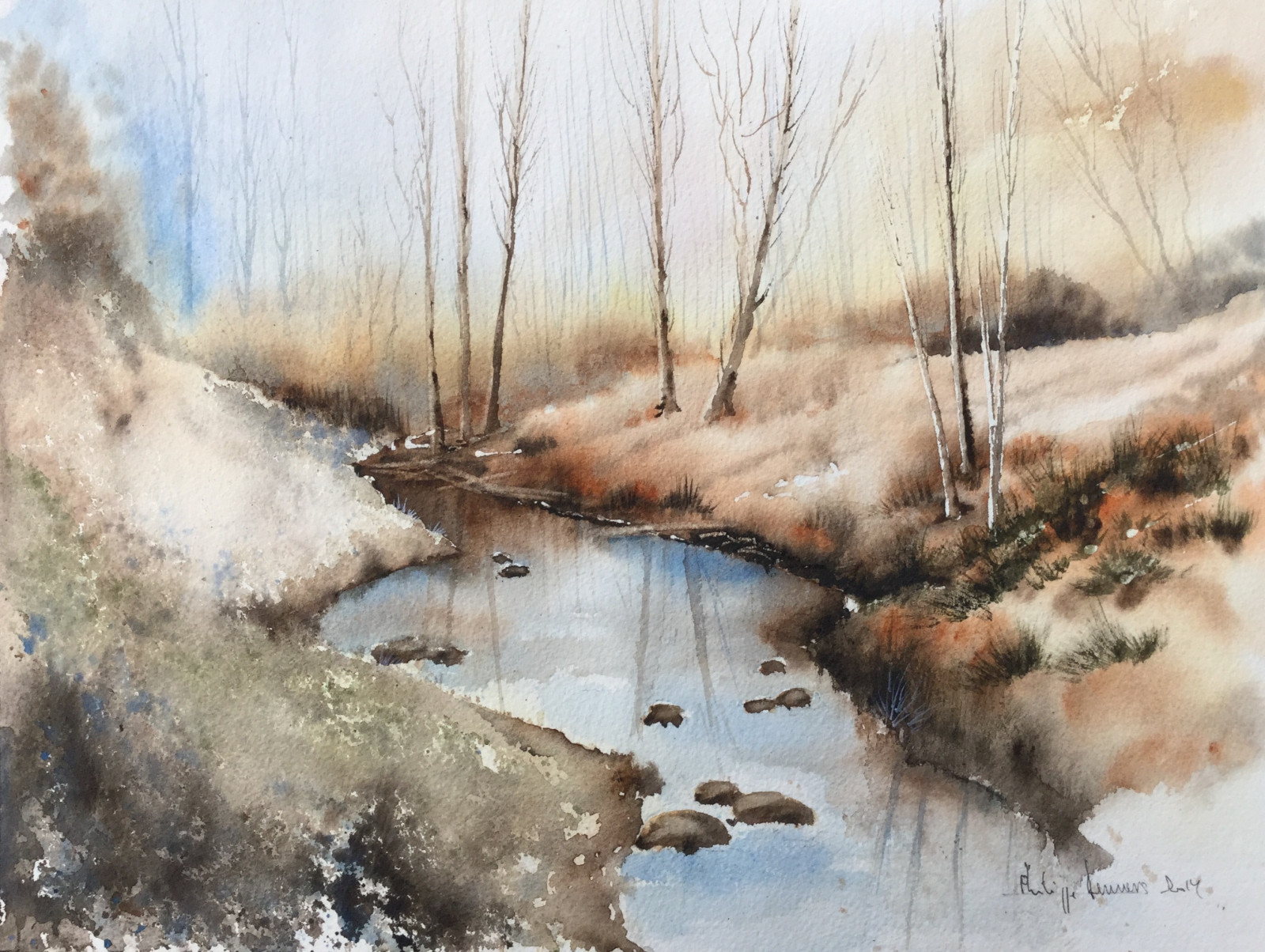 vodové barvy, akvarel, Riviere, arbres, paysage, reflets, Ghislain, Demars