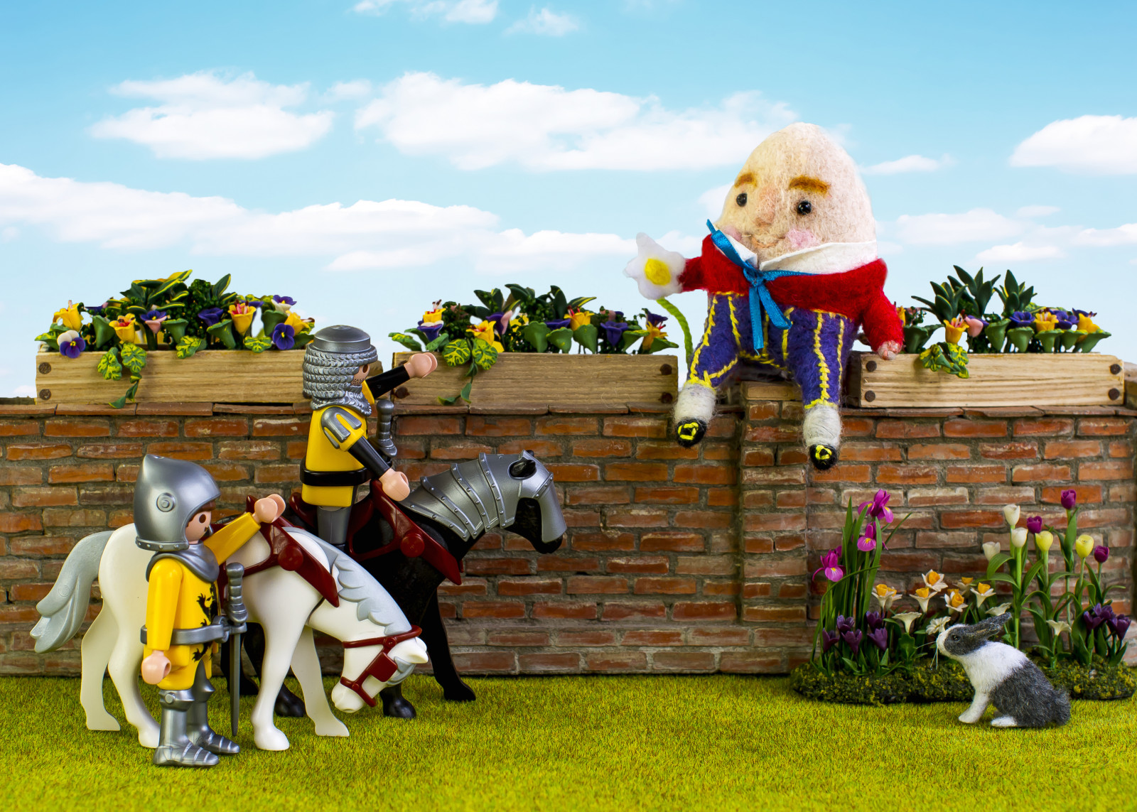 fiori, uomini, mattone, coniglio, coniglietto, parete, giardino, Giocattolo, soldato, miniature, primavera, re, tulipani, uovo, Cavalieri, muro di mattoni, cavaliere, giunchiglie, playmobil, filastrocca, Humpty Dumpty, Ago, Tutti gli uomini, Giocattoli, Missbumbles, Toysundaysoft
