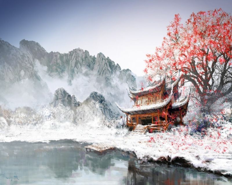 landscape, painting, winter, morning, weather, mist landscape, painting, winter, morning, weather, mist