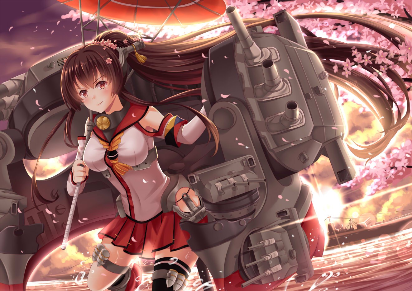 Anime, Anime cô gái, Bộ sưu tập Kantai, Đùi cao, váy, Hoa anh đào, Người Sắt, Ngực, máy móc, Truyện tranh, Yamato KanColle, Ảnh chụp màn hình, Mecha