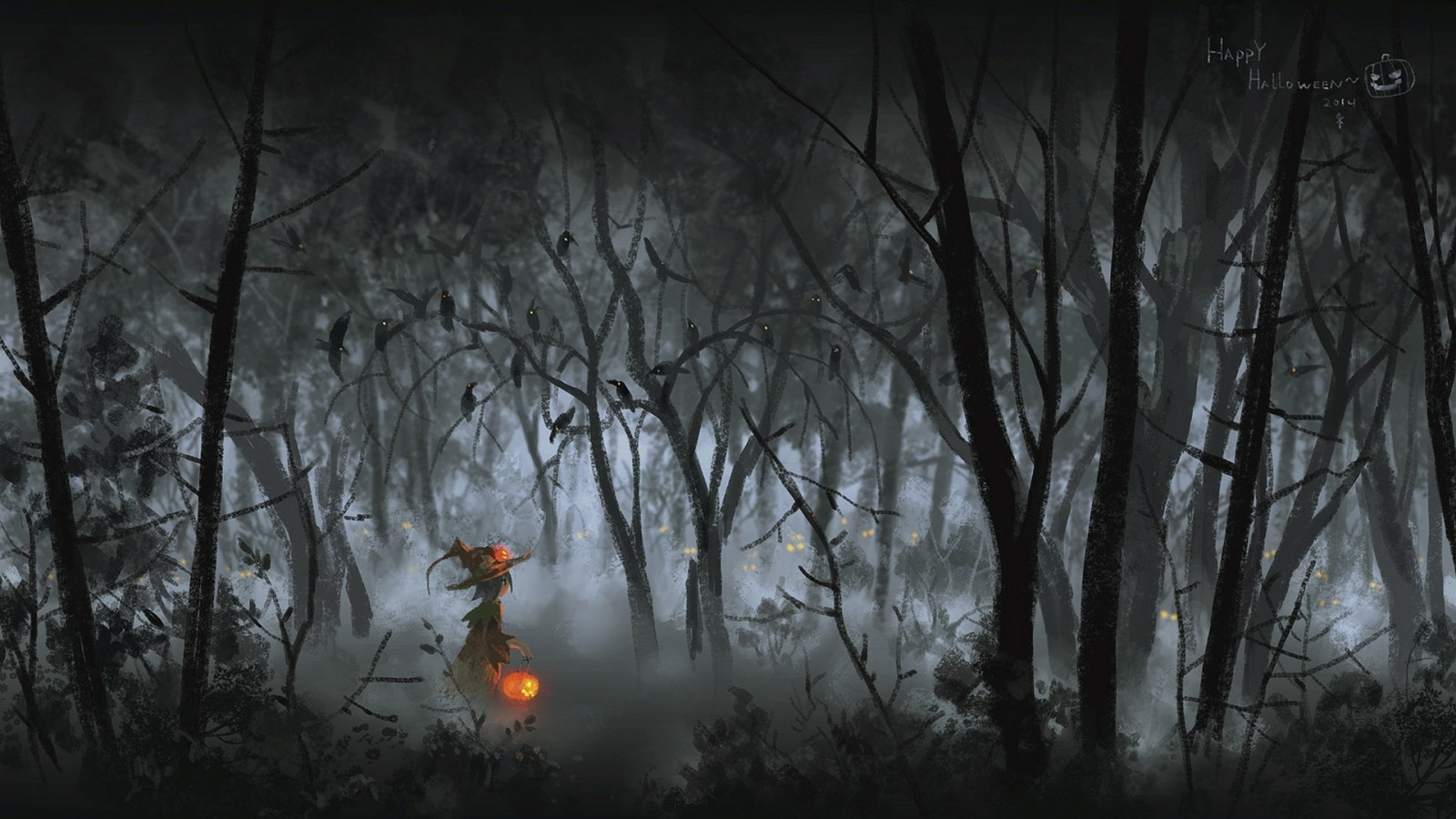 Wallpaper sunlight, forest, fantasy art, winter, Halloween, pumpkin