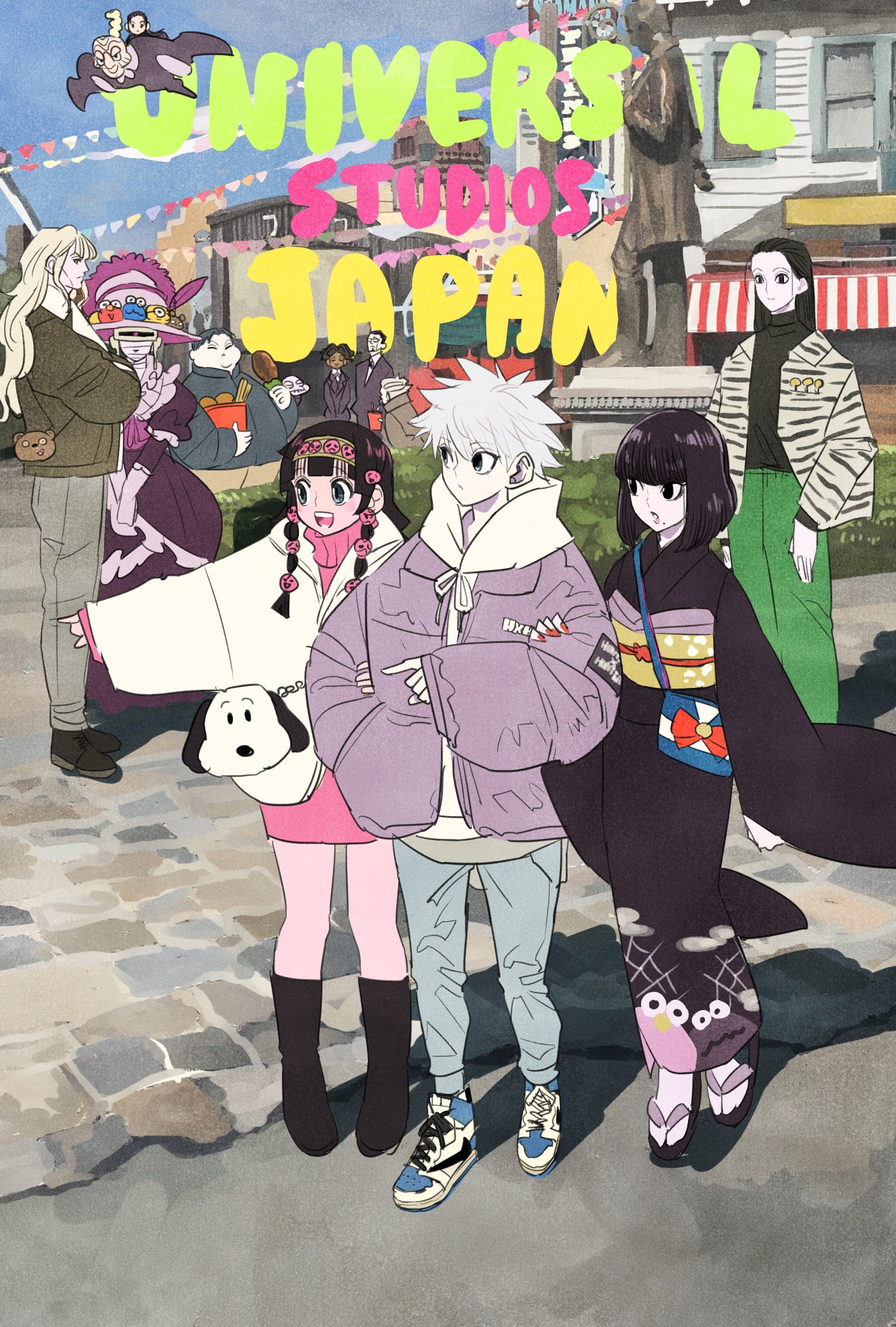 digitální umění, umělecká díla, Lovec vs. lovec, Killua Zoldyck, anime kluci, anime dívky, stojící, kabáty, kimono, displeje na výšku, odvrátila