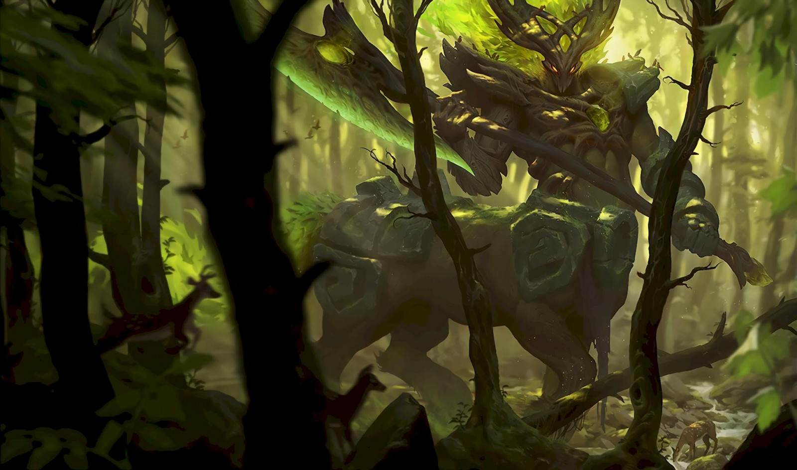 slunečnímu záření, les, fantasy umění, Příroda, League of Legends, větev, zelená, Volně žijících živočichů, džungle, deštný prales, kentauři, Kentaur, Hecarim, strom, list, květ, flóra, fauna, Snímek obrazovky, zálesí, místo výskytu, přírodní prostředí, botanika
