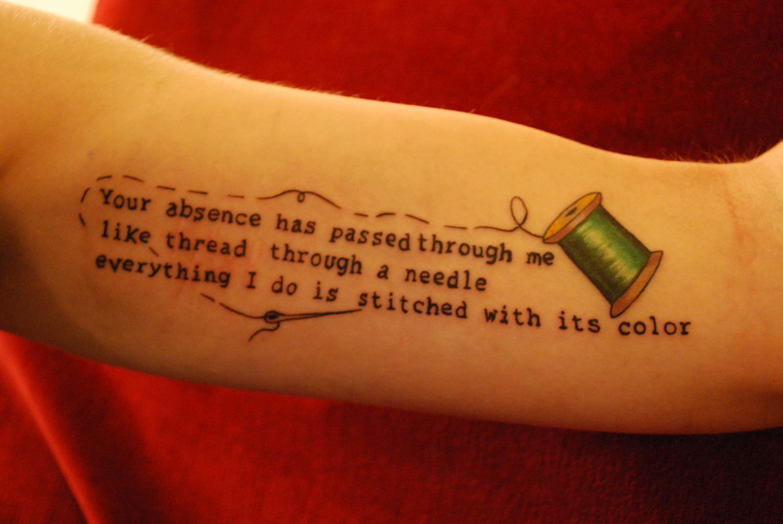 Wallpaper thread, loss, tattoo, ink, poetry, sewing, text, tattoos, spool, separation, absence