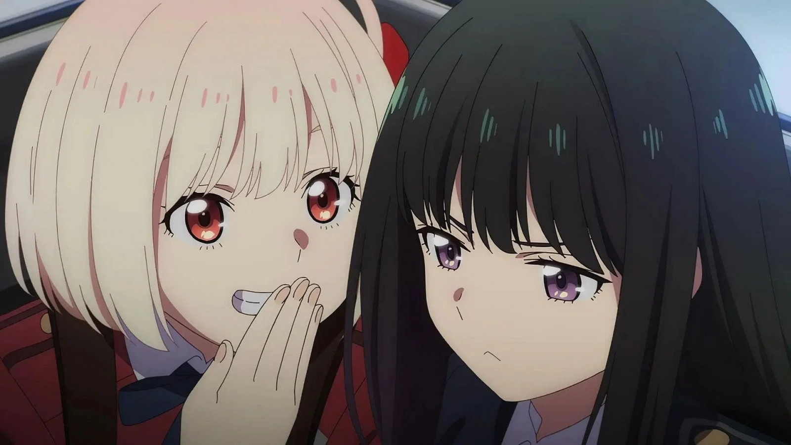 аниме, аниме момичета, Anime screenshot, Lycoris Recoil, Nishikigi Chisato, Inoue Takina, къса коса, Рус, дълга коса, Черна коса, two women, произведения на изкуството, дигитално изкуство