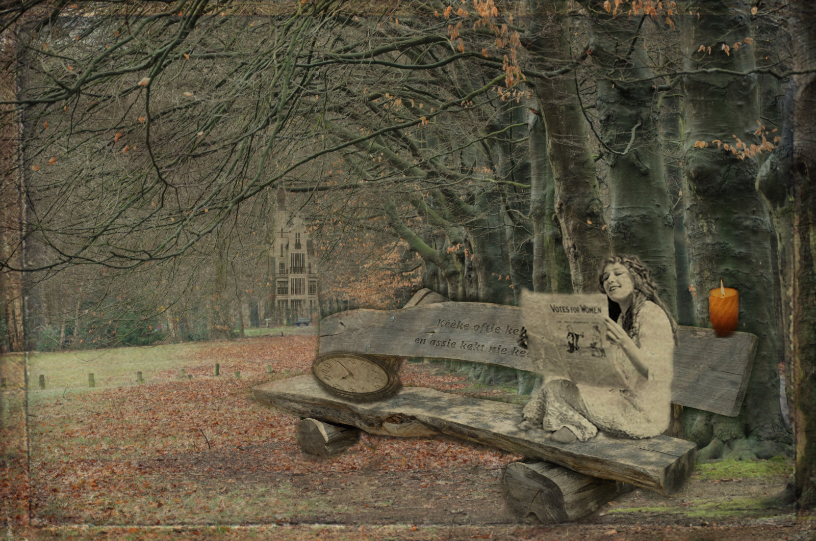 parco, alberi, leggero, donna, castello, struttura, orologio, erba, le foglie, Photoshop, alterato, annata, film, paesaggio, giornale, scenario, candela, tempo, testo, Paesi Bassi, surreale, leggere, fantasia, strati, 2010, Pickford, il nostro tempo, northbrabant, oldnews, marypickford, d90, vught, Recreaciones, timetoread, silentmoviestar, nikond90, testurizzato, altrafotografia, flickraward, art2010, lenabem, benchloonopzand