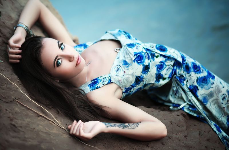 donne, modello, fotografia, vestito, blu, tatuaggio