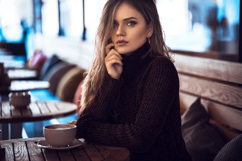 women, sitting, portrait, turtlenecks, long hair, cup women, sitting, portrait, turtlenecks, long hair, cup
