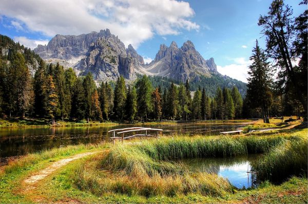 nature,landscape,lagoon,mountains,forest,trees