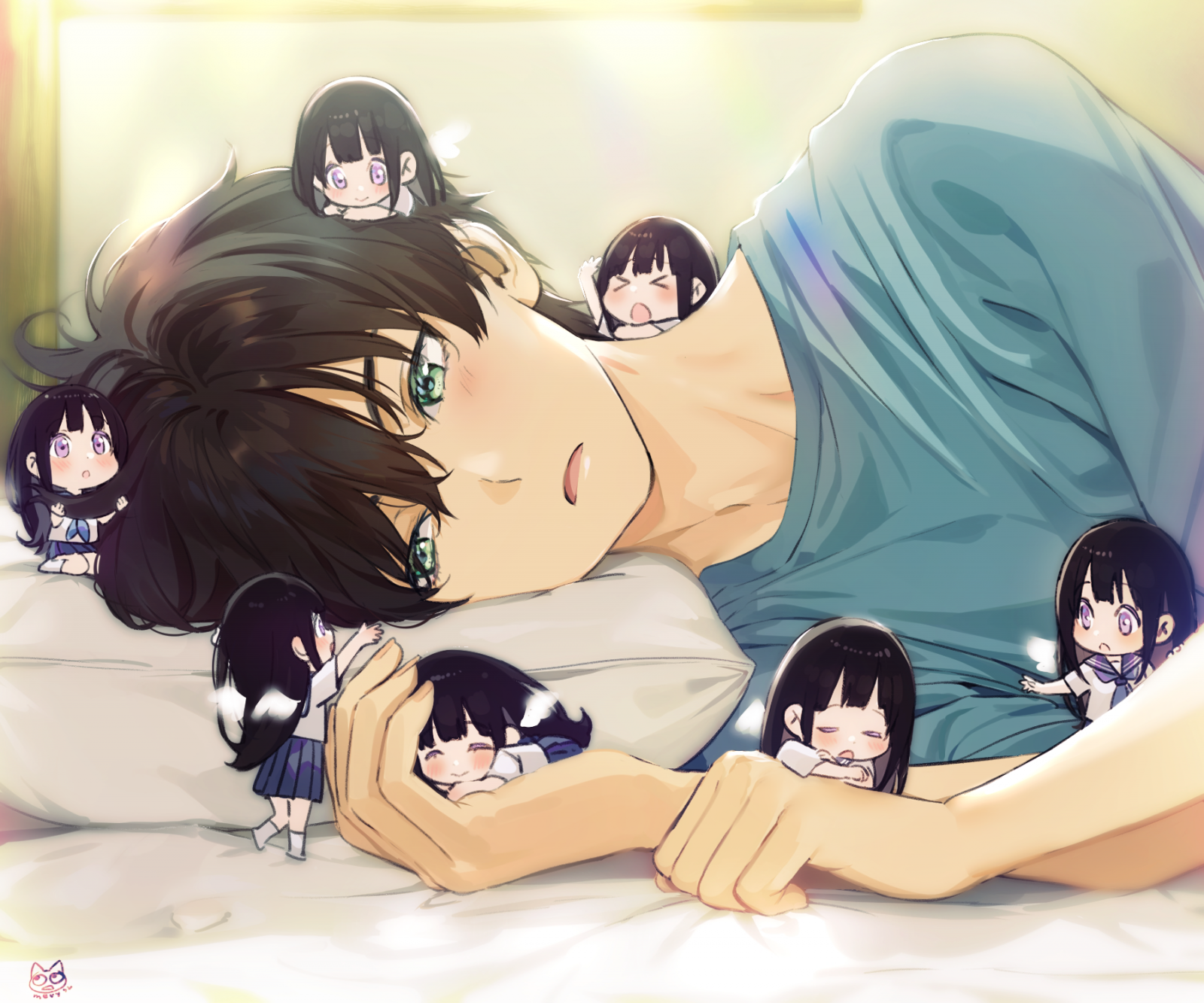 Wallpaper Hyouka Anime Girls Anime Boys 2d Long Hair Short Hair School Uniform Chitanda Eru Oreki Houtarou Black Hair Brunette Chibi Green Eyes Purple Eyes Fan Art Open Mouth 1800x1500 It`s been a long time since i finished watching this anime.