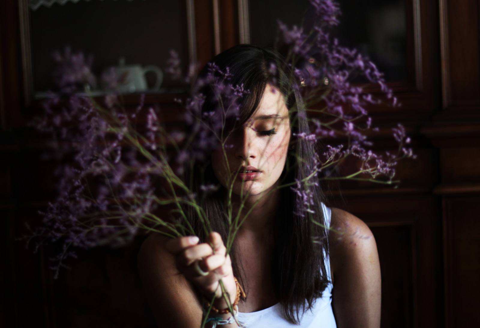 cara, mujer, modelo, morena, Moda, flor, belleza, Sesión de fotos