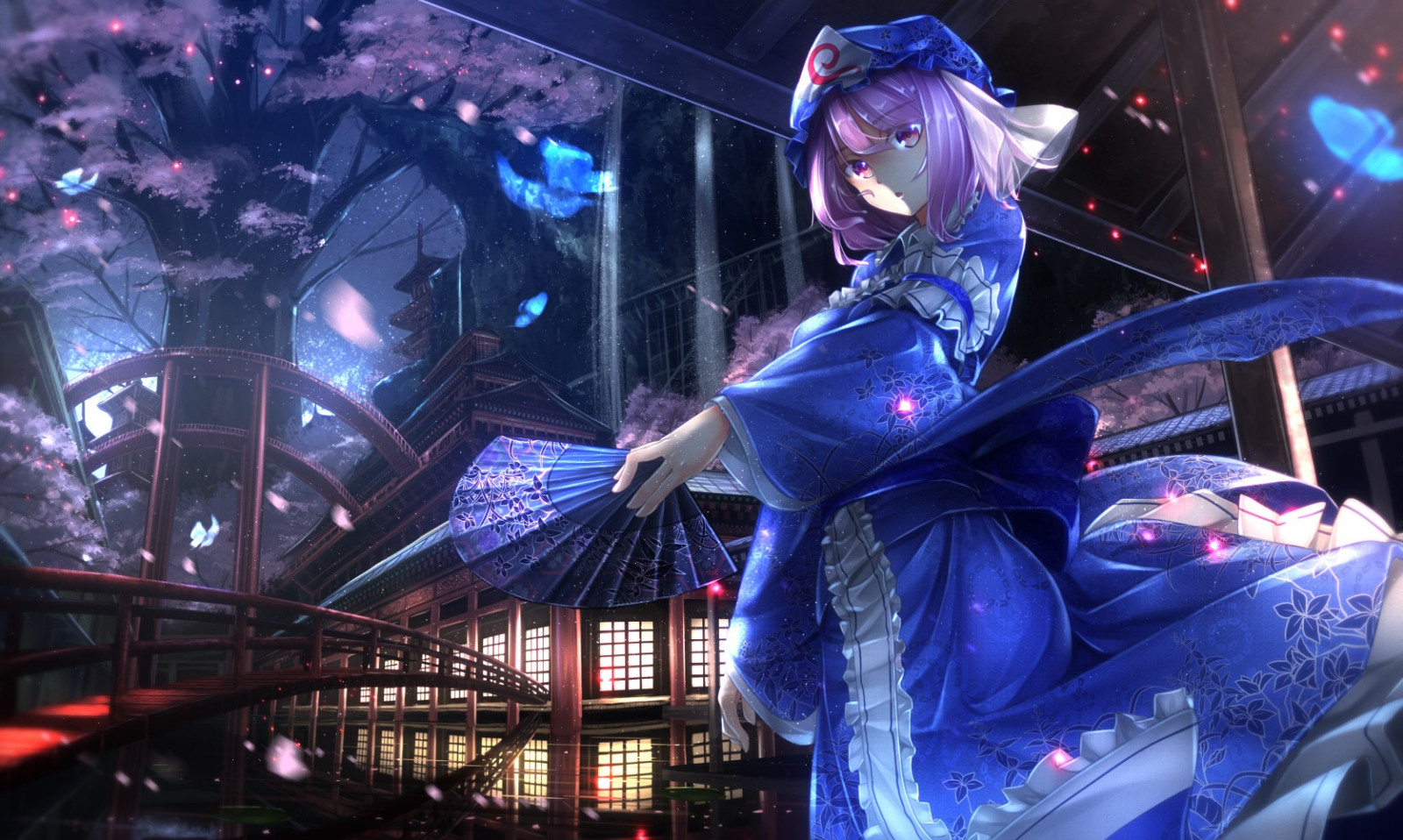 noc, anime, anime dívky, Touhou, Saigyouji Yuyuko, fáze, kostým, Snímek obrazovky, hudební divadlo, noční klub, 1670x1000 px