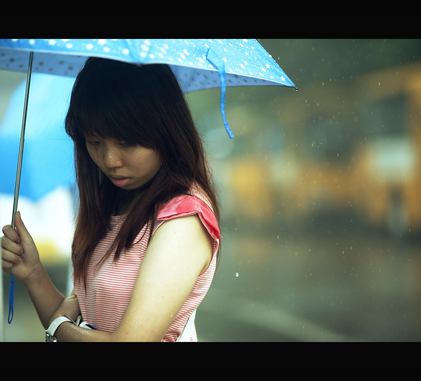 Wallpaper blue, rain, female, umbrella, candid, streetphotography