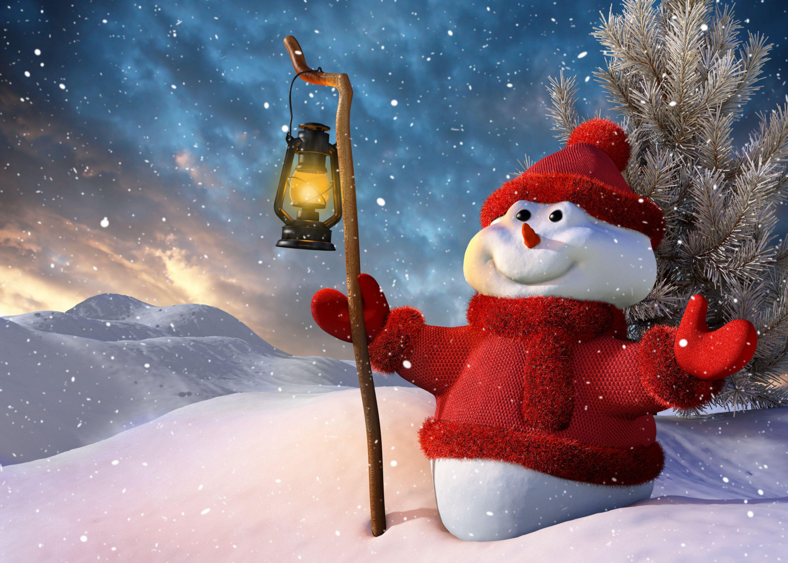 Wallpaper : New Year, Christmas, snowman, lamp, tree, snow, smiling
