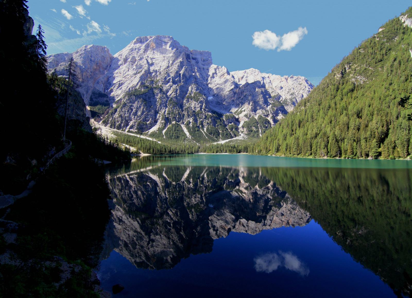 stromy, mrak, hora, jezero, odraz, alberi, lago, vidět, Nuvola, srdce, cesta, Sentiero, montagna, cuore, dolomity, dolomiti, Braies, riflesso, 2011, Südtirol, escursione