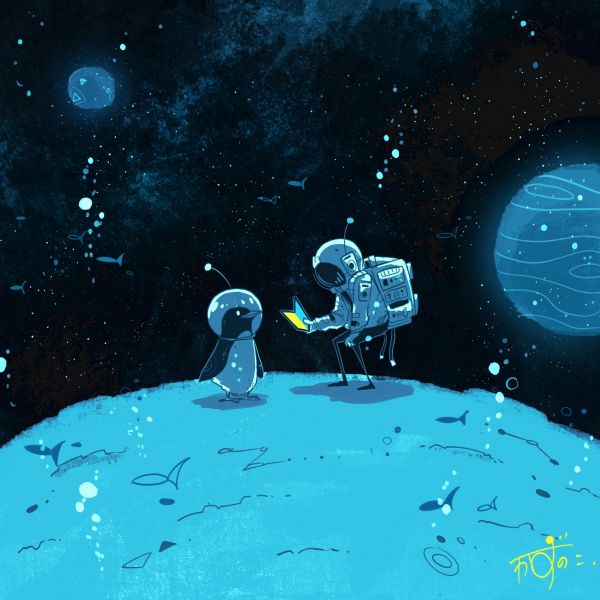 digital,space,space art,penguins,animals,humor
