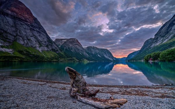 landscape, sea, bay, mountains, sunset, night