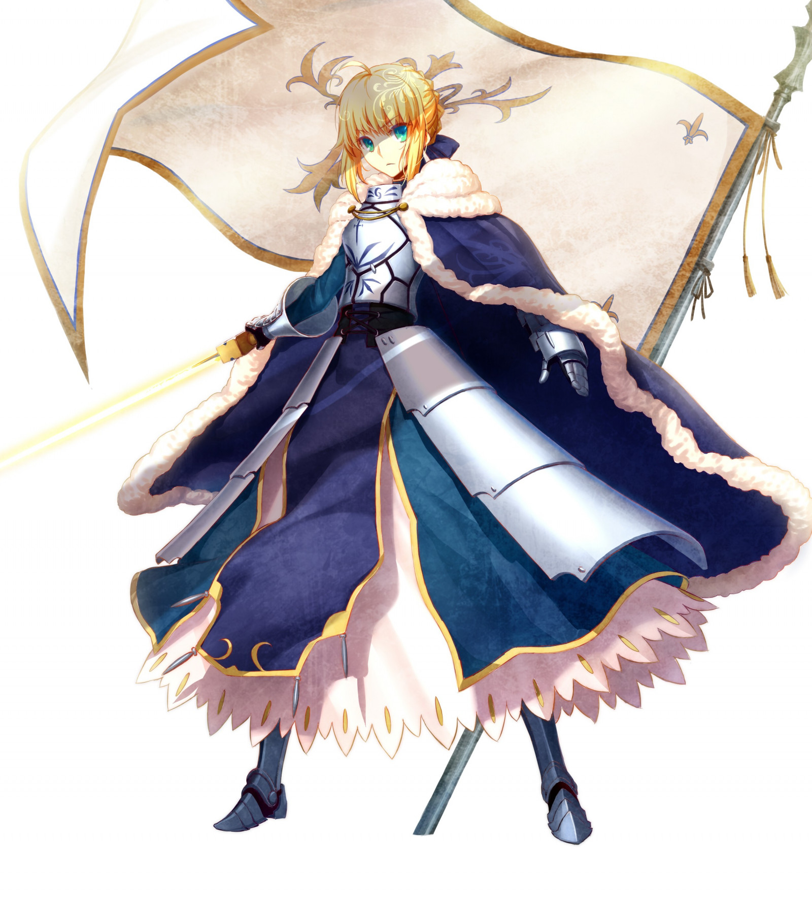 illustration, blond, anime, Blå kjole, Hvid baggrund, tegneserie, sværd, Fate Stay Night, Sabre, Legetøj, vinge, skitse, figur, kostume design, Action figur