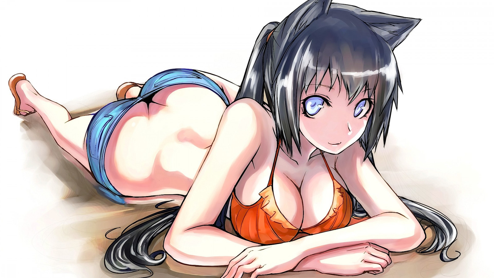 ilustrace, anime, anime dívky, zvířecí uši, osel, kreslená pohádka, černé vlasy, výstřih, Původní znaky, pusa, mangaka