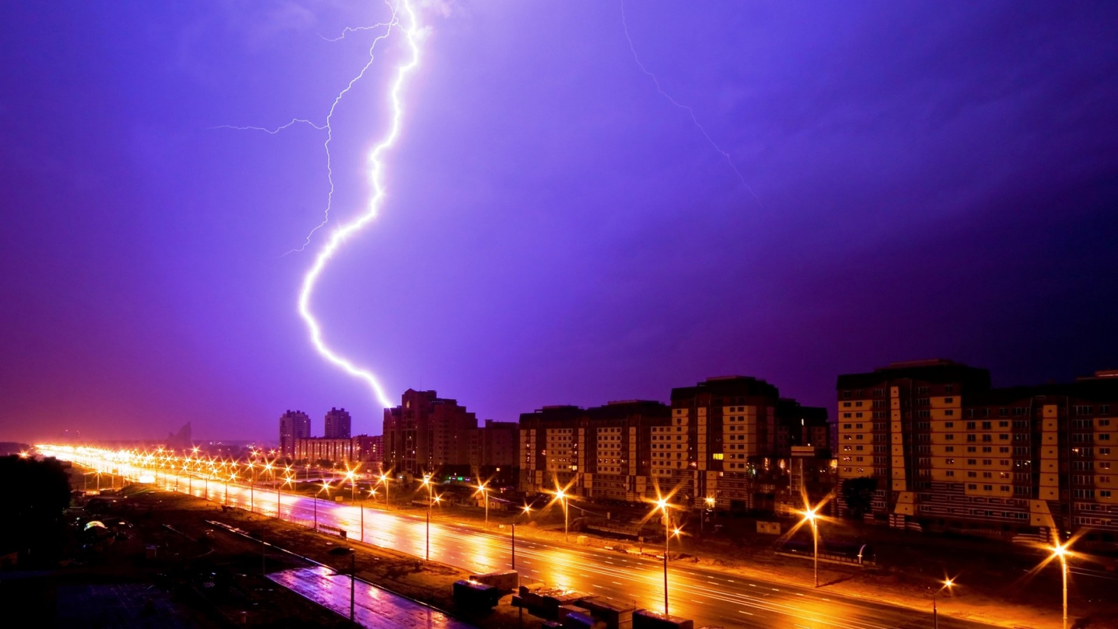 město, noc, Blesk, budovy, promenáda, světla města