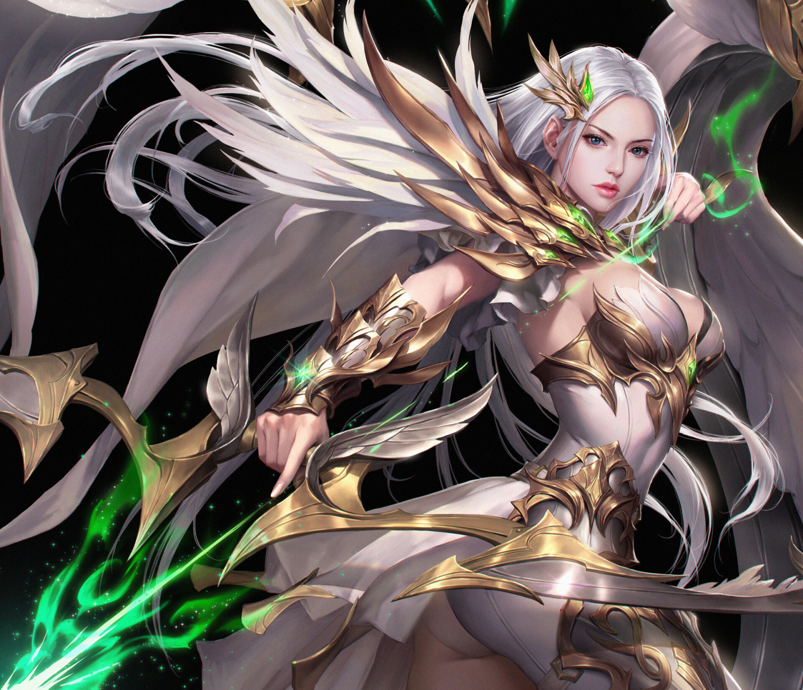 Bluezima, výkres, ženy, stříbrné vlasy, dlouhé vlasy, drahokamy, smaragd, lukostřelec, brnění, řeřavý, luk, Šipka, kouzlo