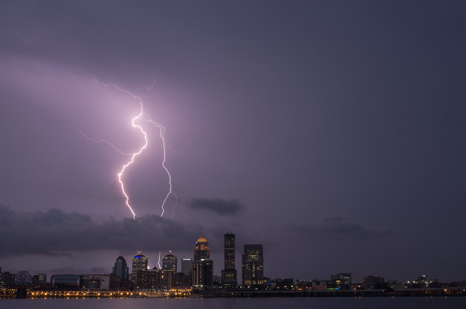 Wallpaper lights, sea, city, cityscape, night, water, sky, lightning