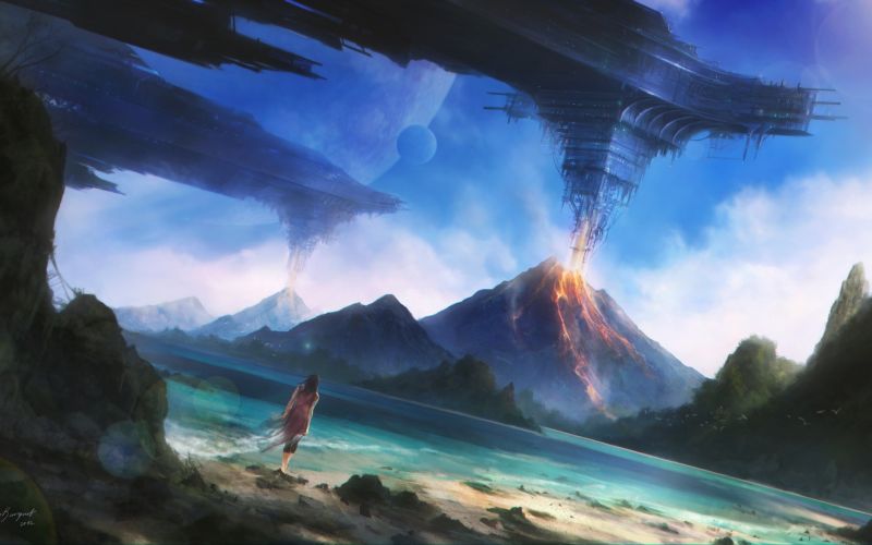 digitální umění, fantasy umění, umělecká díla, sopka, moře, Terén digitální umění, fantasy umění, umělecká díla, sopka, moře, Terén